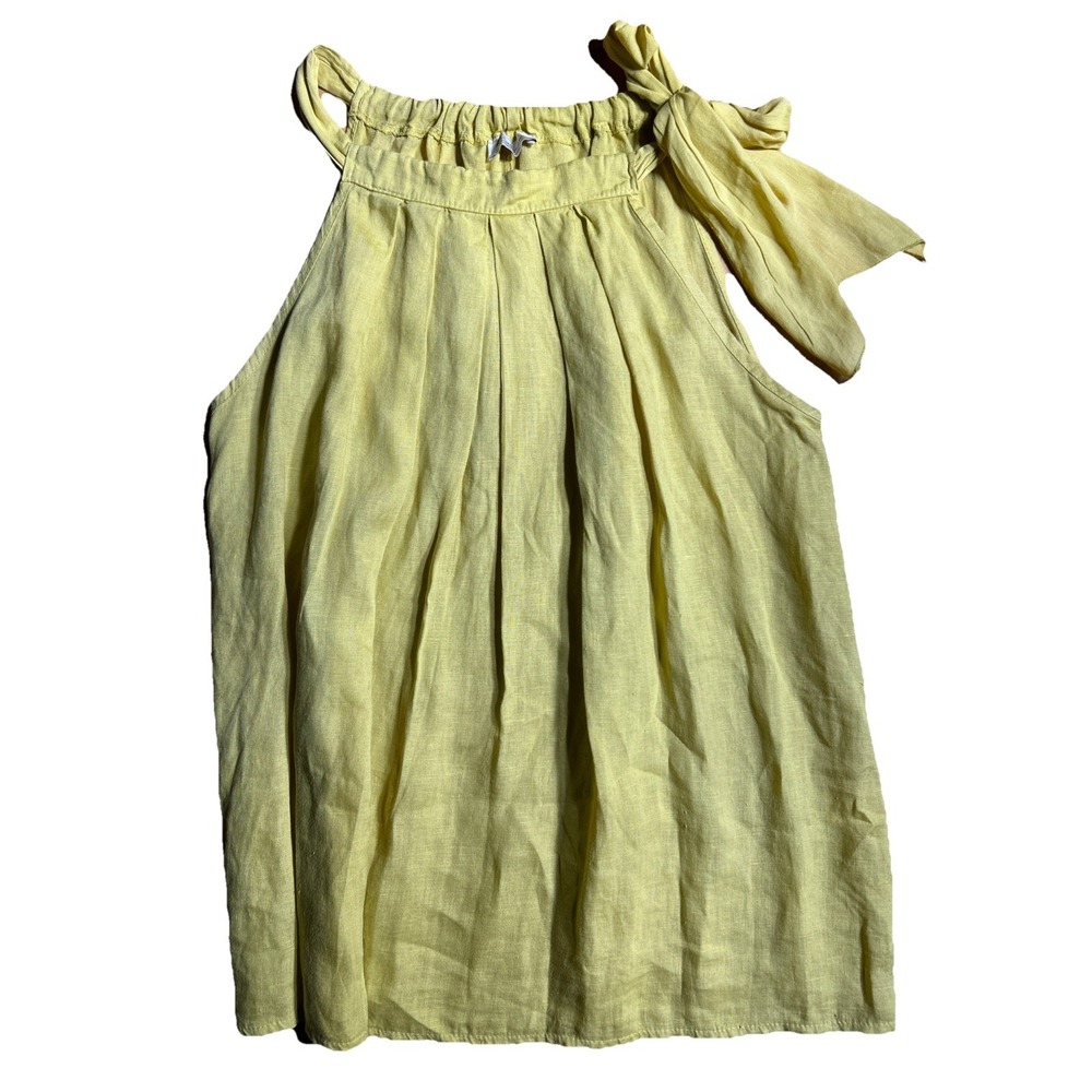 Bellambia Linen Pleated Tie-Neck Summer Blouse Yellow Women's Sz L Made in Italy